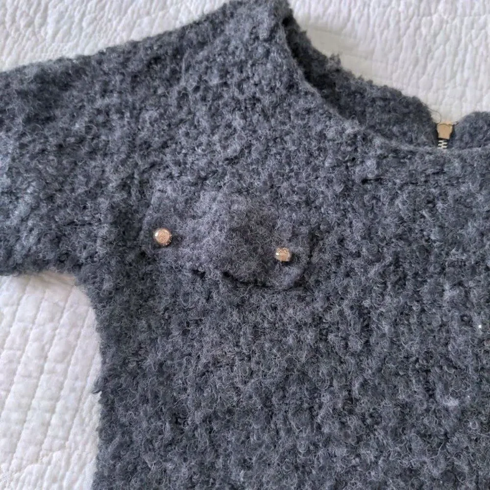 Add Wool Dress Gray Skull Faux Pocket Gold Fuzzy Winter Cozy Size Medium